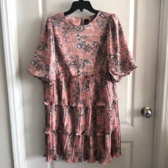 CODE X MODE Dress Paisley Tiered Ruffle Pleated Skirt Pink Green Sz.L - Picture 3 of 12